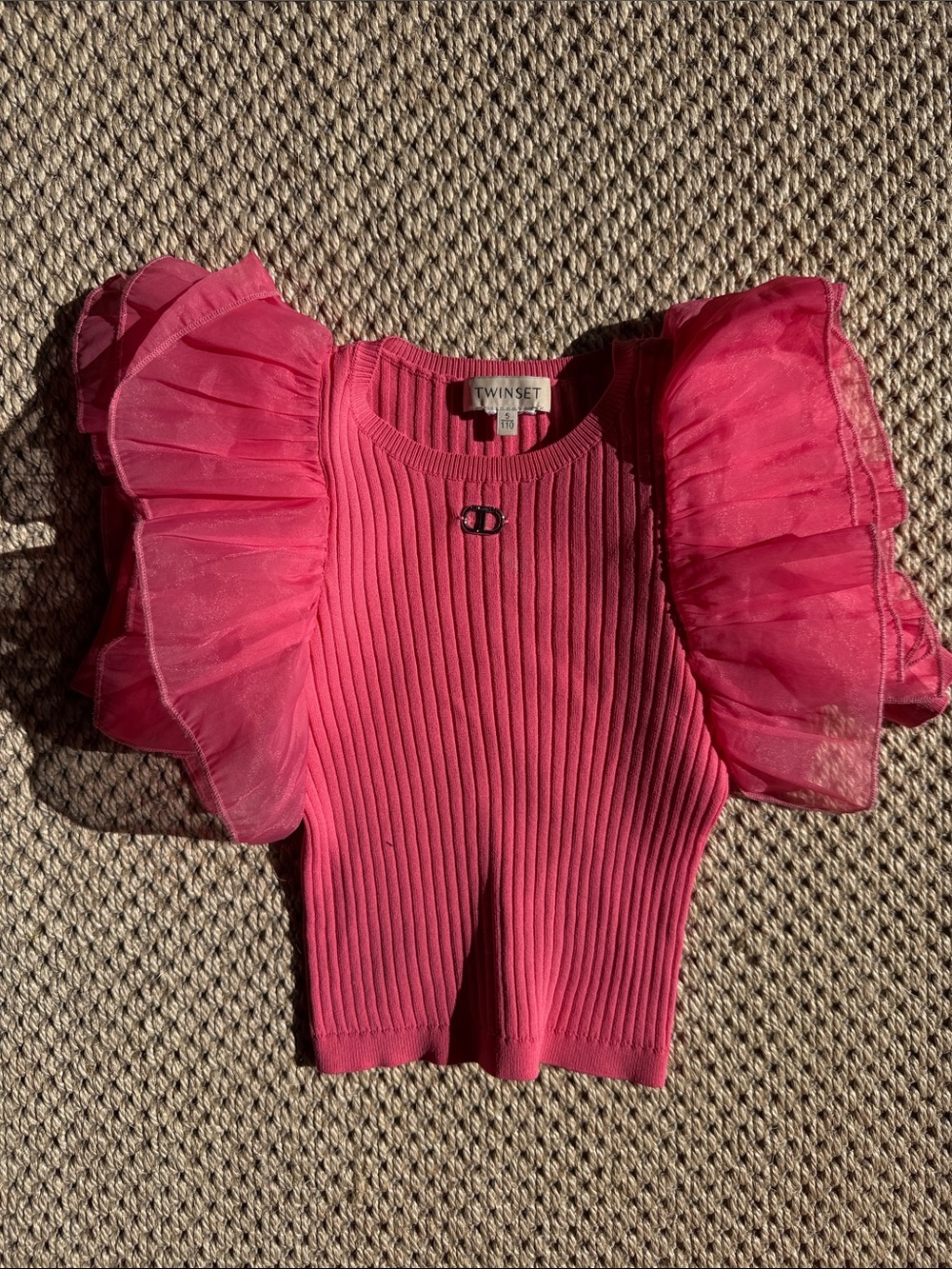 Twin-Set Bright Pink Ribbed Top with Layered Organza Sleeves size 5 years